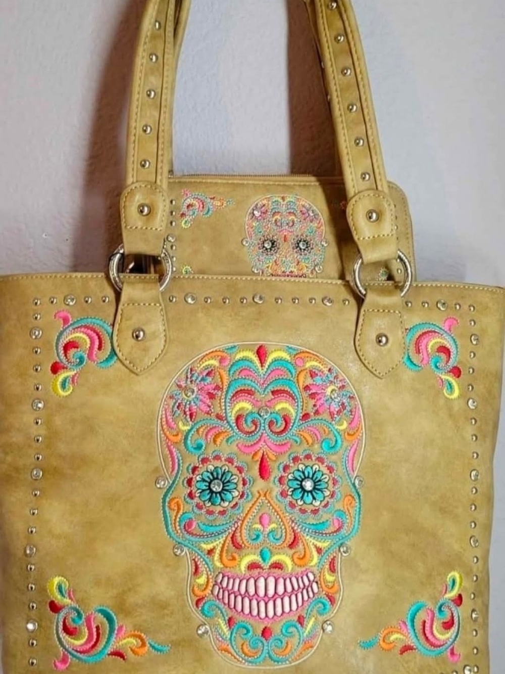 Montana West Embroidered Sugar Skull CCW Tote With Matching Wallet